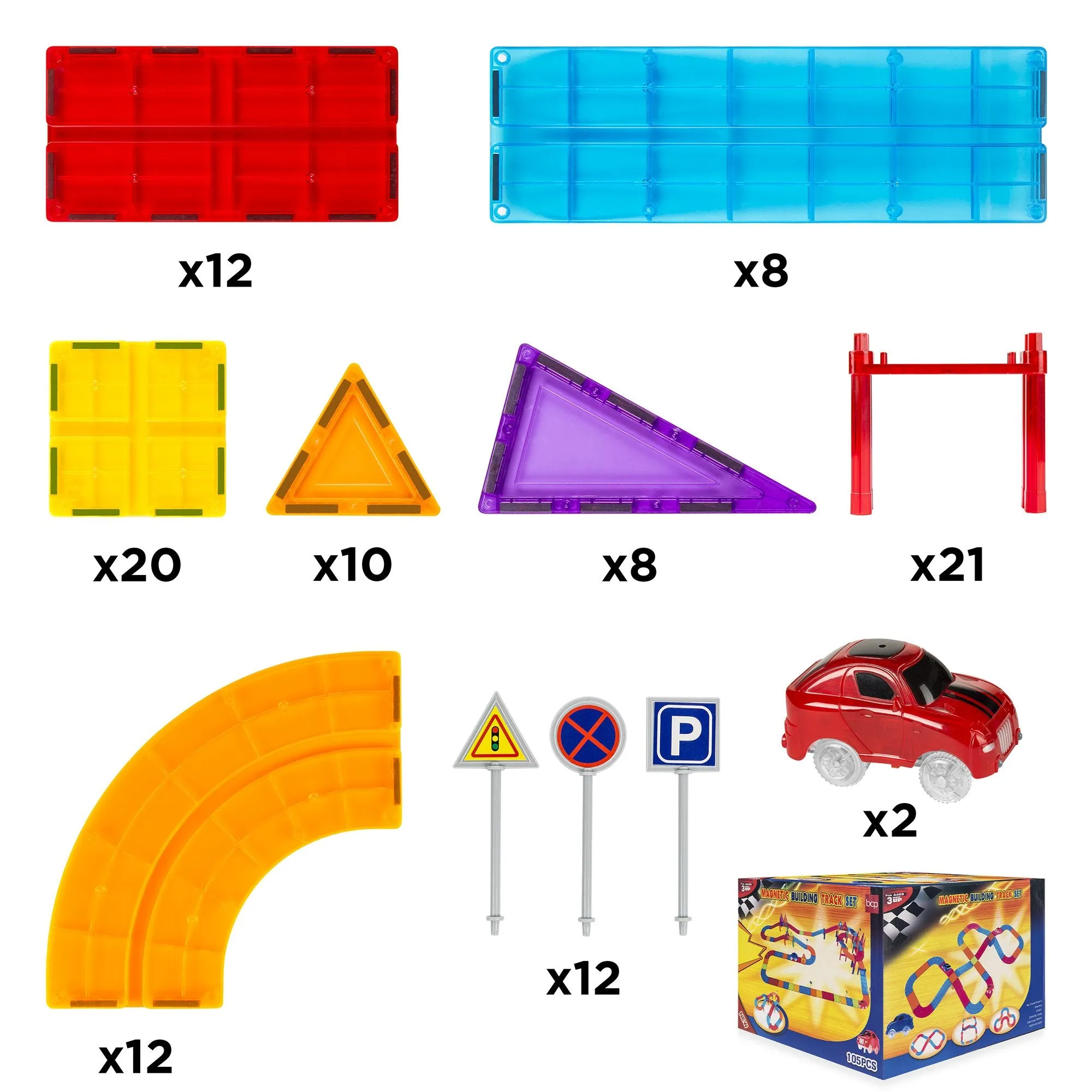 105-Piece Kids Magnetic Tile Car Race Track STEM Building Toy Set w/ 2 Cars
