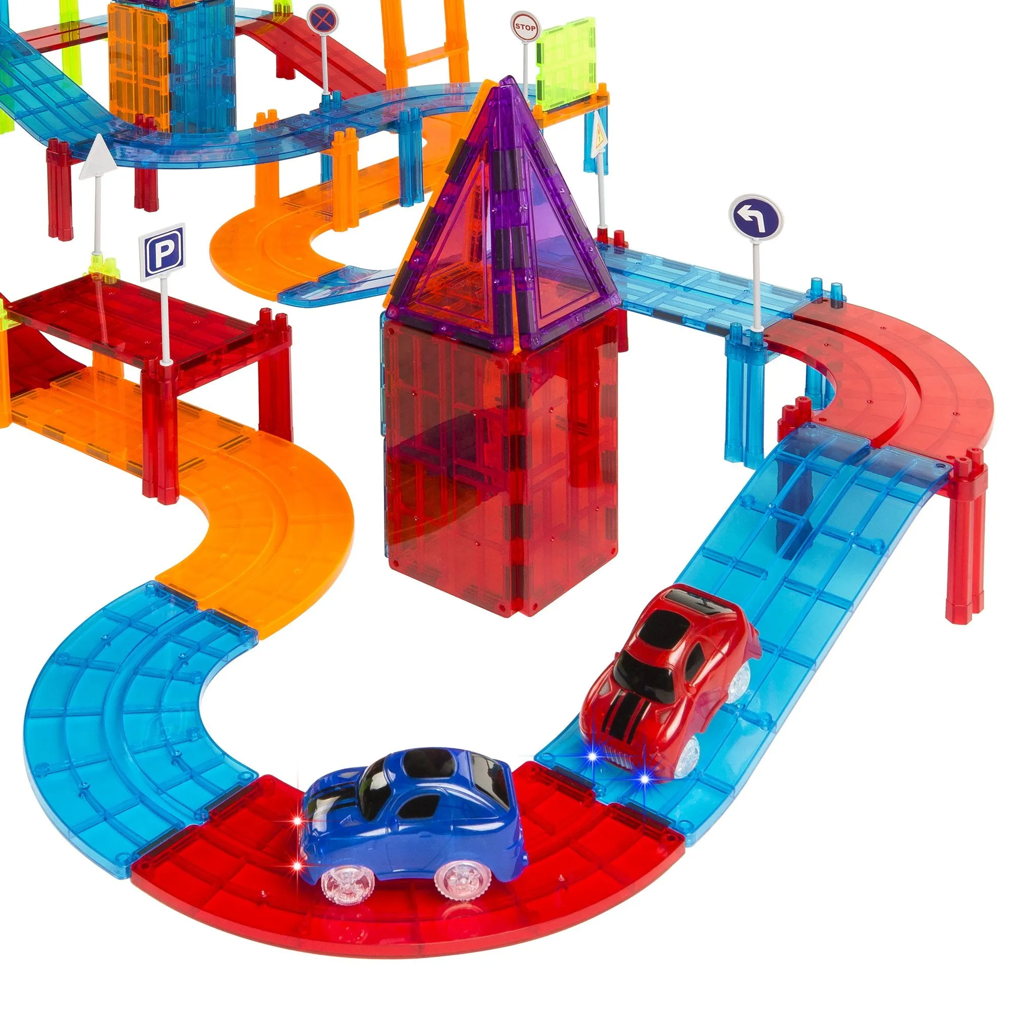 105-Piece Kids Magnetic Tile Car Race Track STEM Building Toy Set w/ 2 Cars