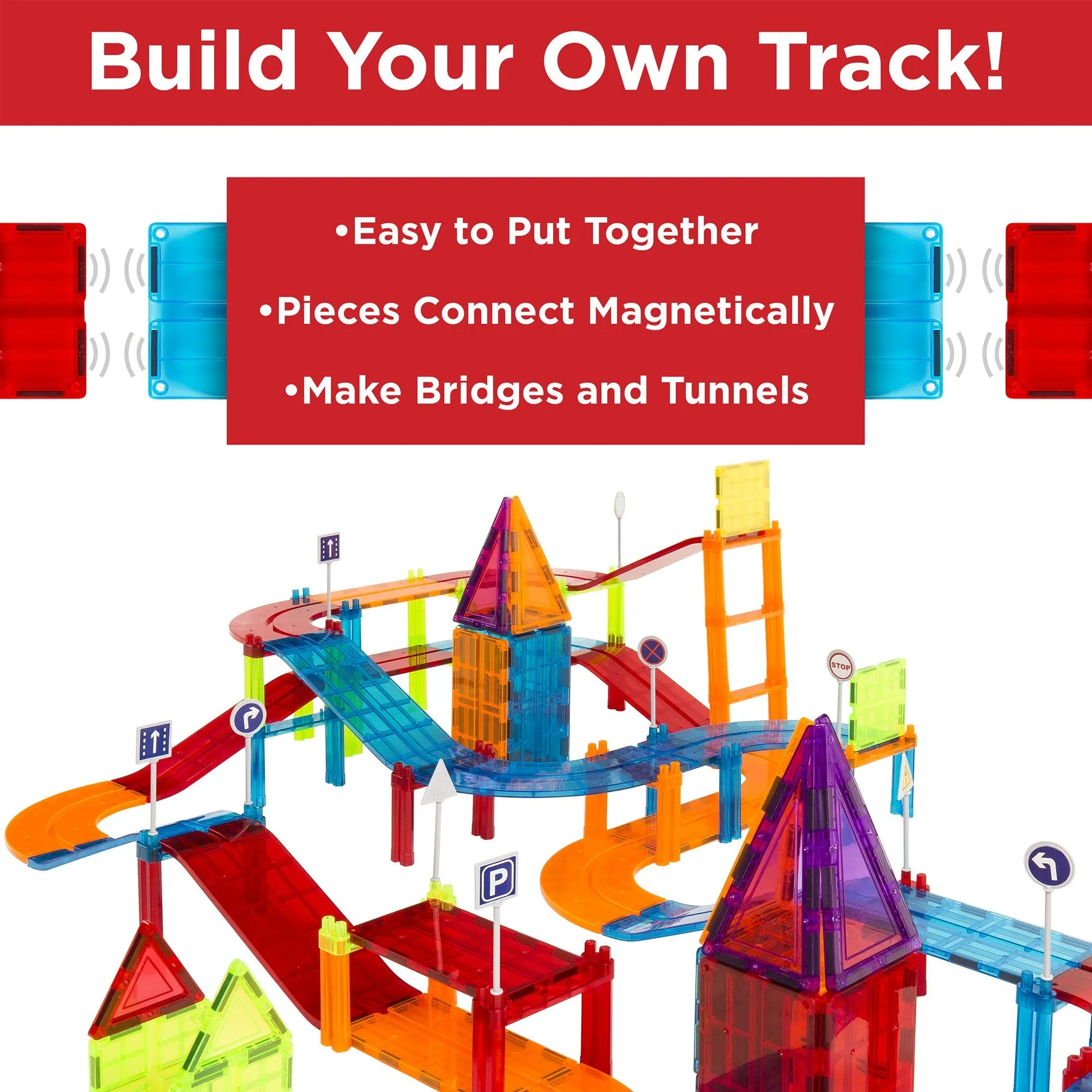 105-Piece Kids Magnetic Tile Car Race Track STEM Building Toy Set w/ 2 Cars