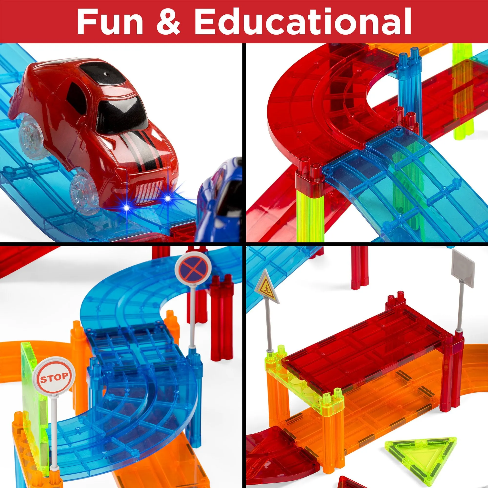 105-Piece Kids Magnetic Tile Car Race Track STEM Building Toy Set w/ 2 Cars