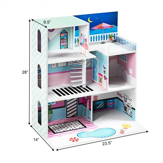 3 Level Kids Pretend Play Doll Cottage House