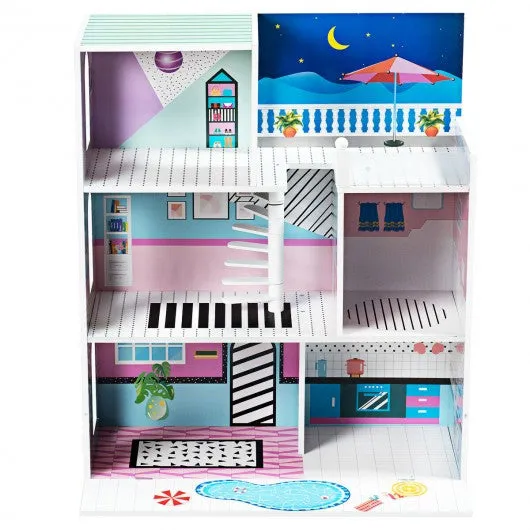 3 Level Kids Pretend Play Doll Cottage House