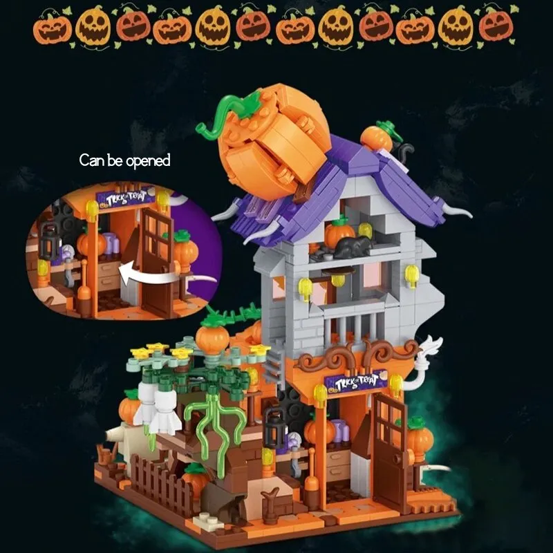 Creative MINI Halloween House Bricks Sets City Pumpkin Hut Party Decoration Building Block Children Toys Halloween Gifts