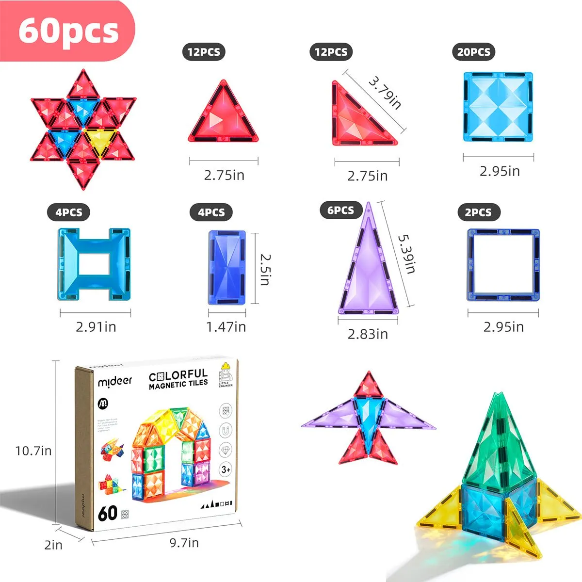 Creative Pack 60pcs Rainbow Magnetic Tiles