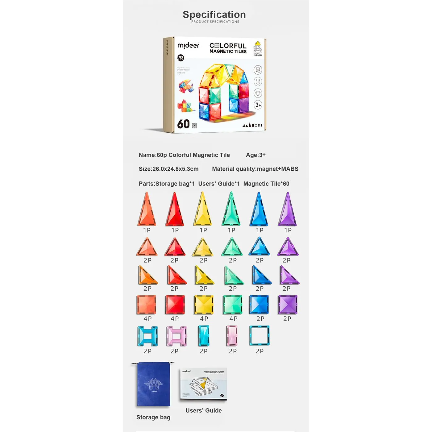 Creative Pack 60pcs Rainbow Magnetic Tiles