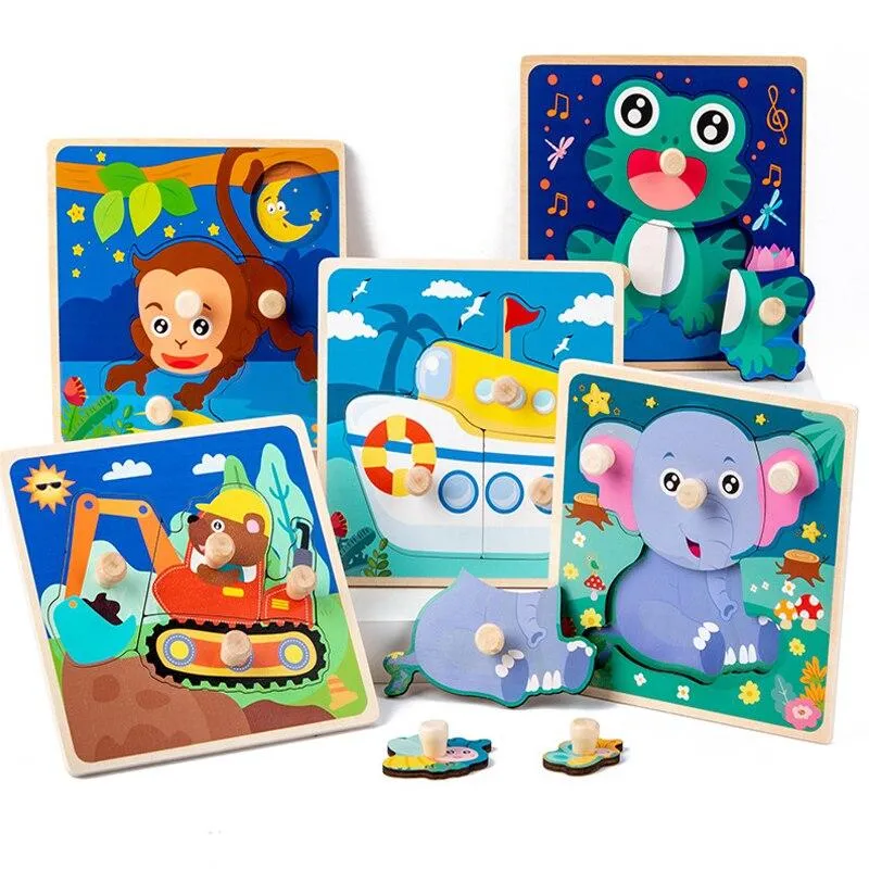 Kids Hand Grab Board 3D Puzzle Wooden Toys for Children Cartoon Animal Wood Jigsaw Baby Early Educational Learning Cognition Toy