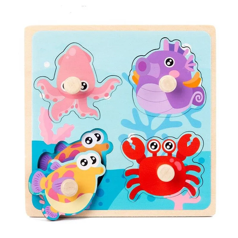 Kids Hand Grab Board 3D Puzzle Wooden Toys for Children Cartoon Animal Wood Jigsaw Baby Early Educational Learning Cognition Toy