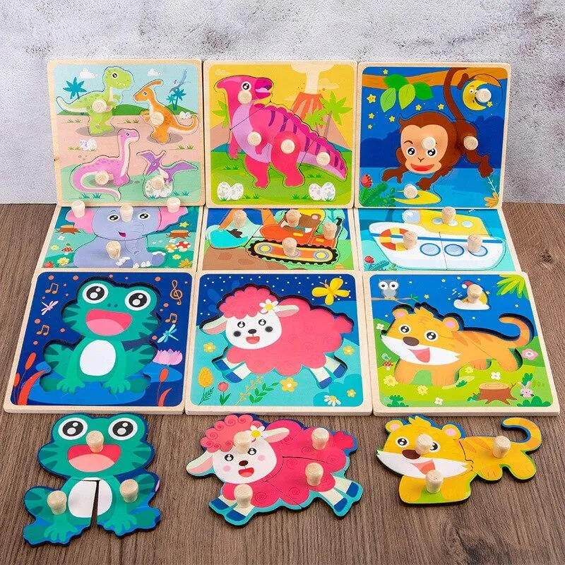 Kids Hand Grab Board 3D Puzzle Wooden Toys for Children Cartoon Animal Wood Jigsaw Baby Early Educational Learning Cognition Toy