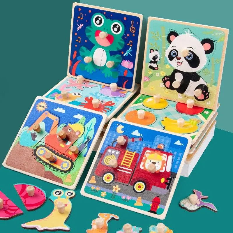Kids Hand Grab Board 3D Puzzle Wooden Toys for Children Cartoon Animal Wood Jigsaw Baby Early Educational Learning Cognition Toy