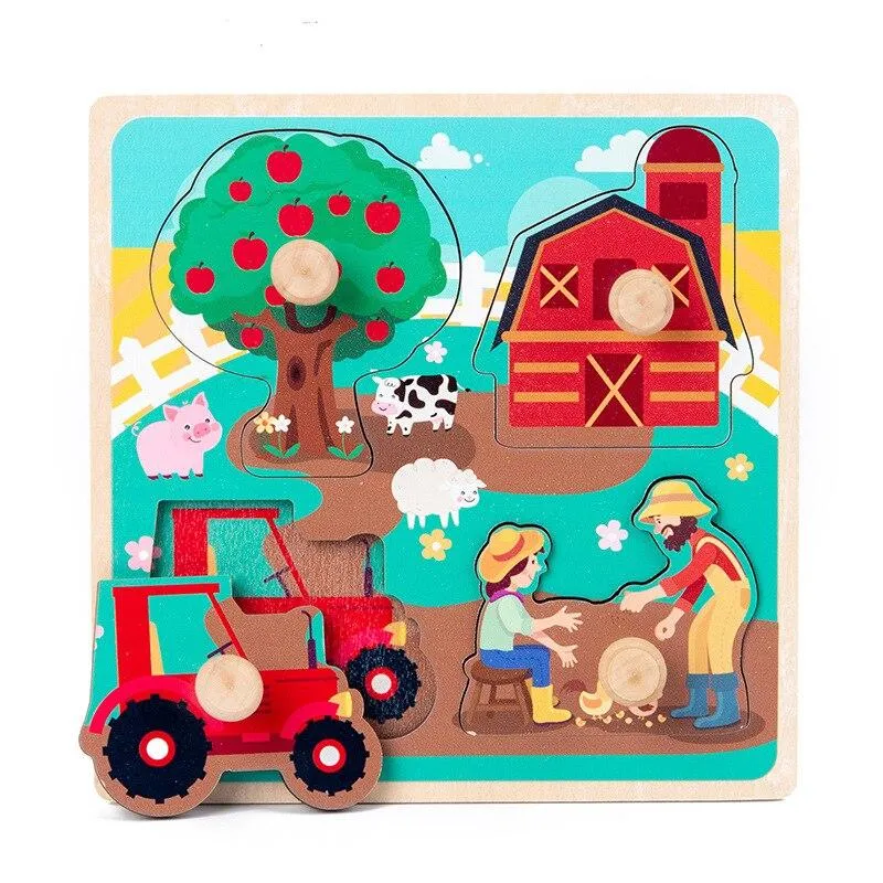 Kids Hand Grab Board 3D Puzzle Wooden Toys for Children Cartoon Animal Wood Jigsaw Baby Early Educational Learning Cognition Toy