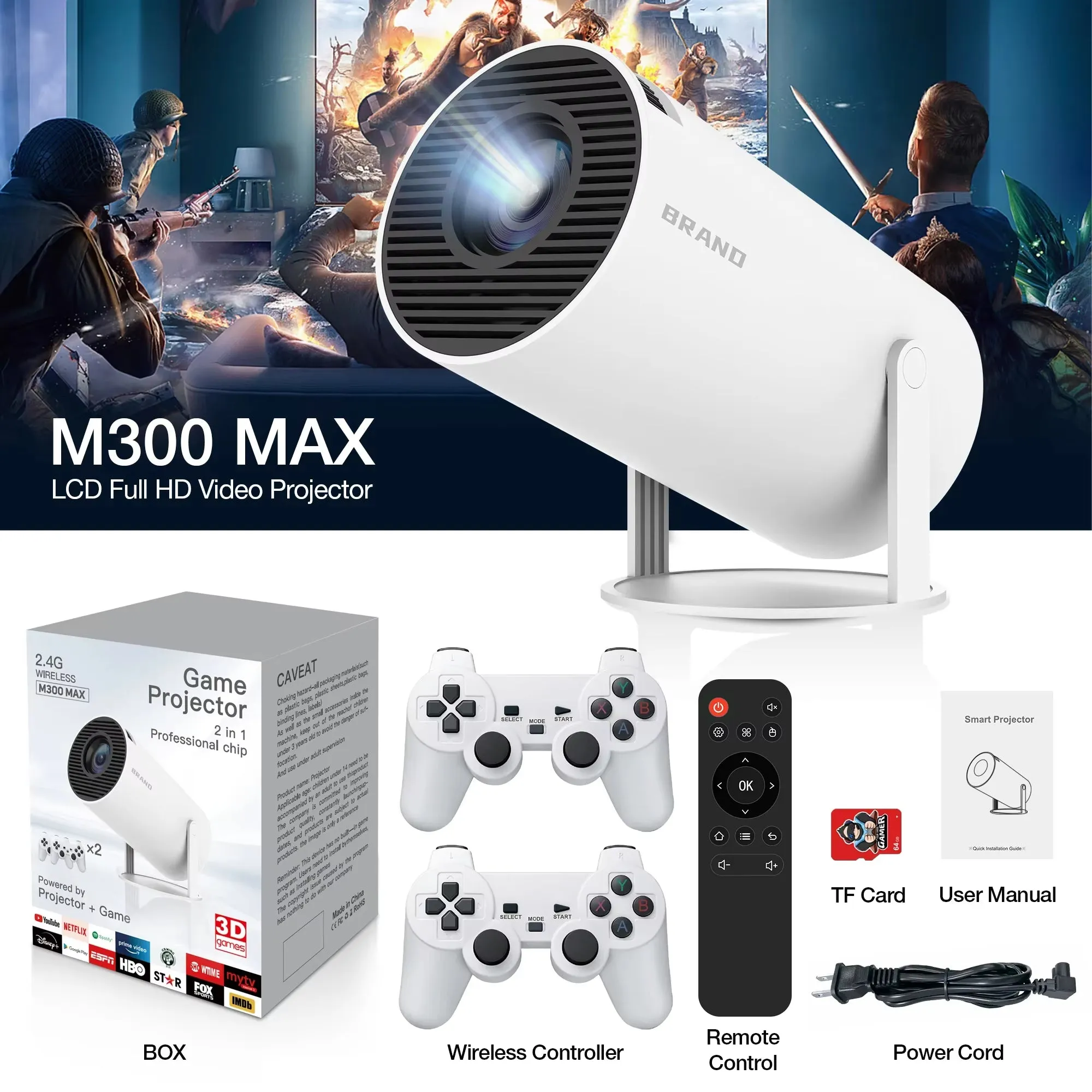 M300 MAX Android 11 Portable 3D Game Projector with Two Handle RK3326 1080P BT5.4 Supported 4K Smart Home Theater