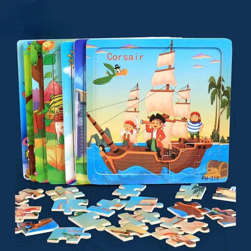 New 20 Piece Wooden 3D Puzzle Cartoon Animal Vehicle Jigsaw Puzzle Montessori Educational Toys for Kids Baby 1 2 3 Years